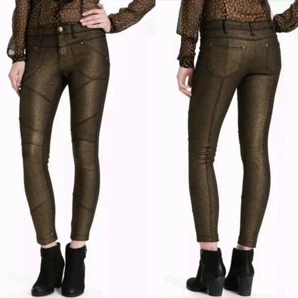 Free People Black Gold Metallic Moto Legging Jegging Pants Women's Size 26 - Picture 1 of 11